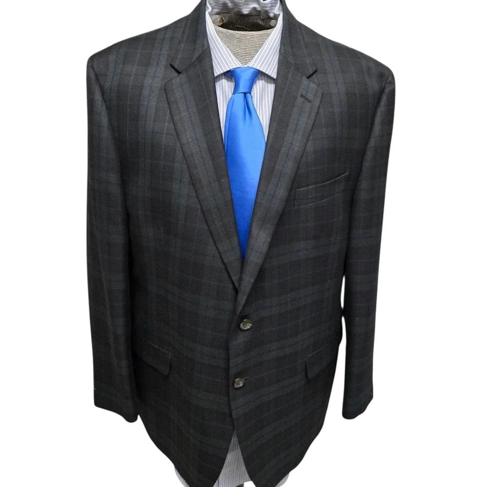 Vtg Chaps Men's 46R Holiday Tartan Plaid Green and Blue Blazer Suit Jacket NICE!